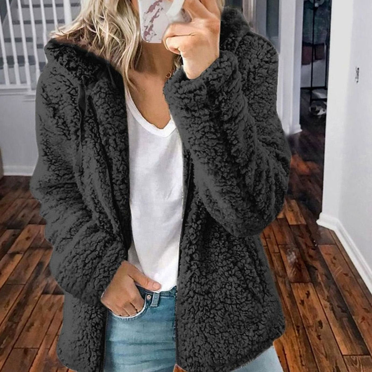 Women's Oversized Hooded Teddy Fleece Zip-Up Coat