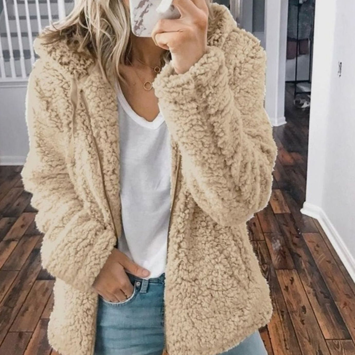 Women's Oversized Hooded Teddy Fleece Zip-Up Coat