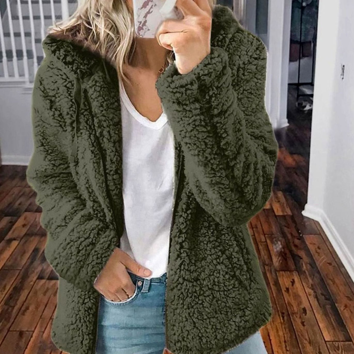 Women's Oversized Hooded Teddy Fleece Zip-Up Coat