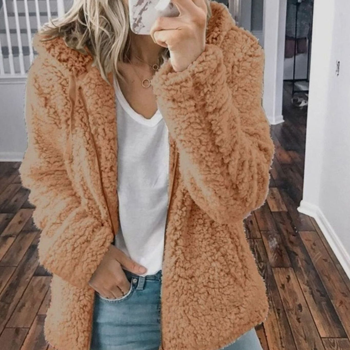 Women's Oversized Hooded Teddy Fleece Zip-Up Coat