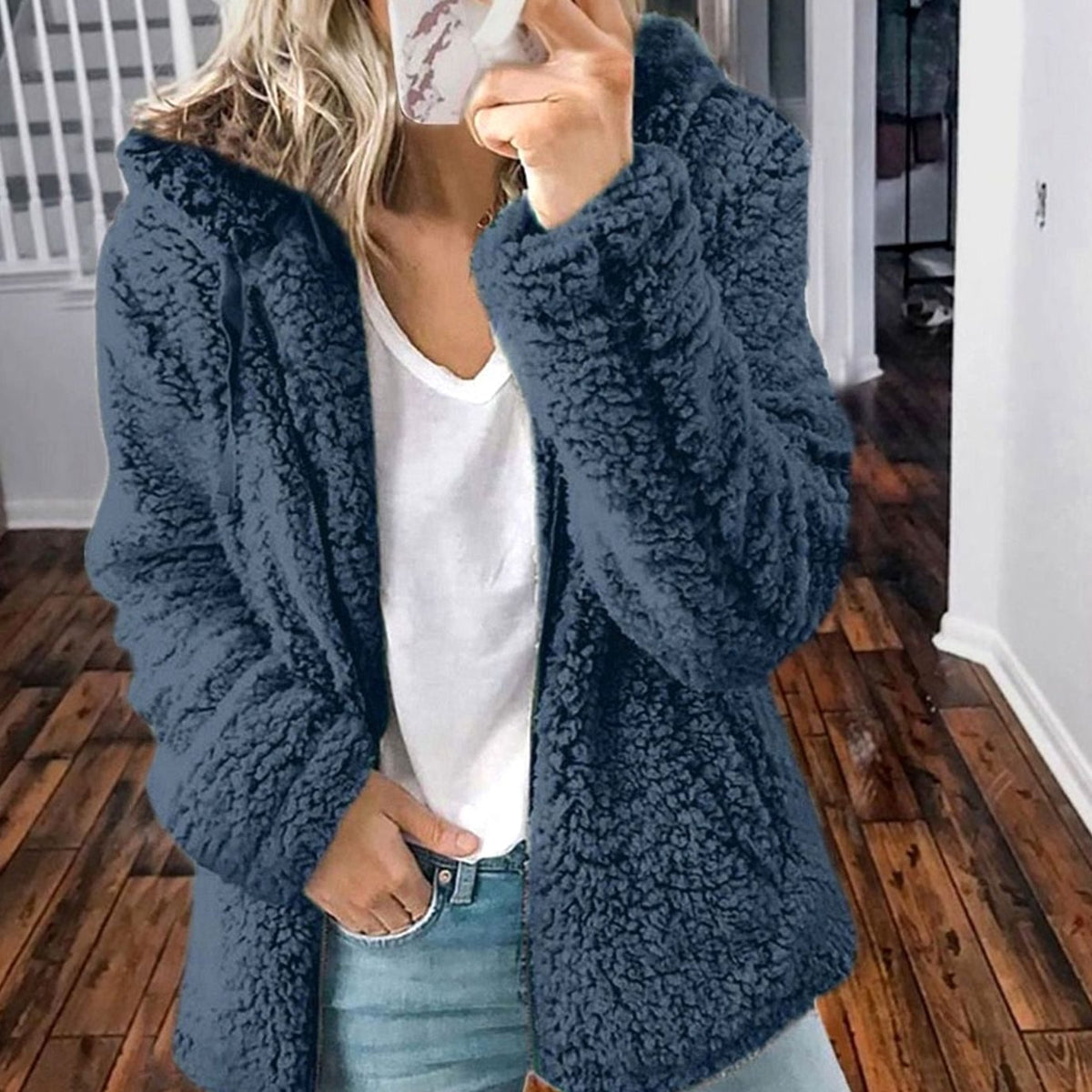 Women's Oversized Hooded Teddy Fleece Zip-Up Coat