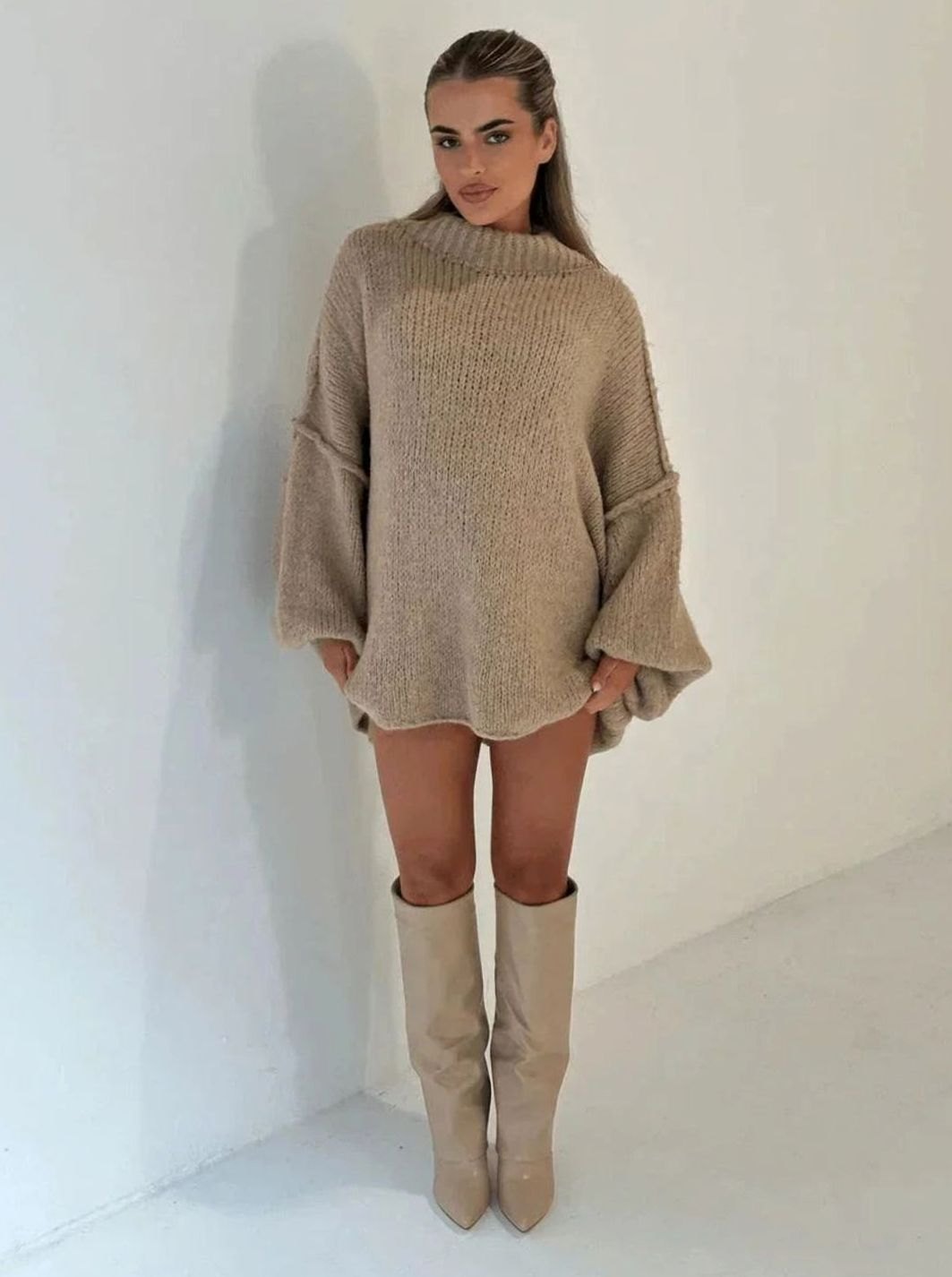 Women's Oversized Loose-Knit Mock-Neck Pullover Sweater