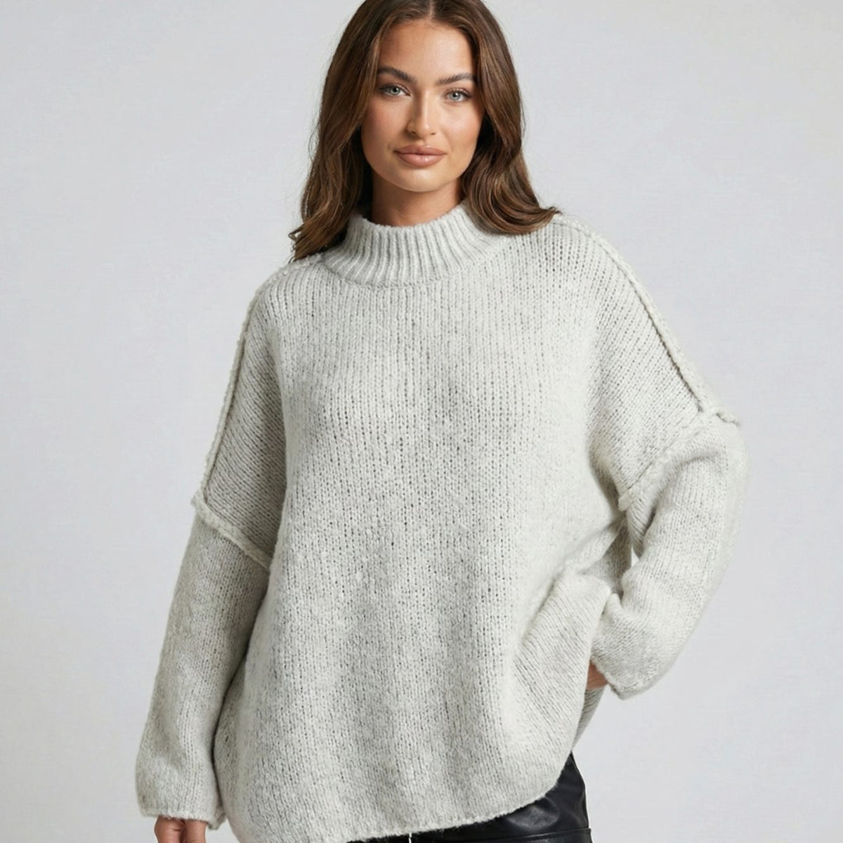 Women's Oversized Loose-Knit Mock-Neck Pullover Sweater