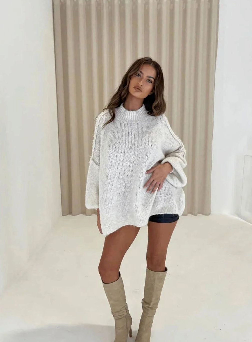 Women's Oversized Loose-Knit Mock-Neck Pullover Sweater
