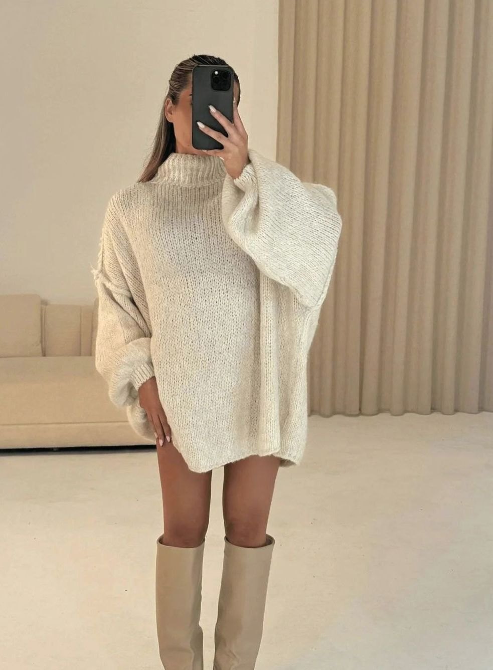 Women's Oversized Loose-Knit Mock-Neck Pullover Sweater