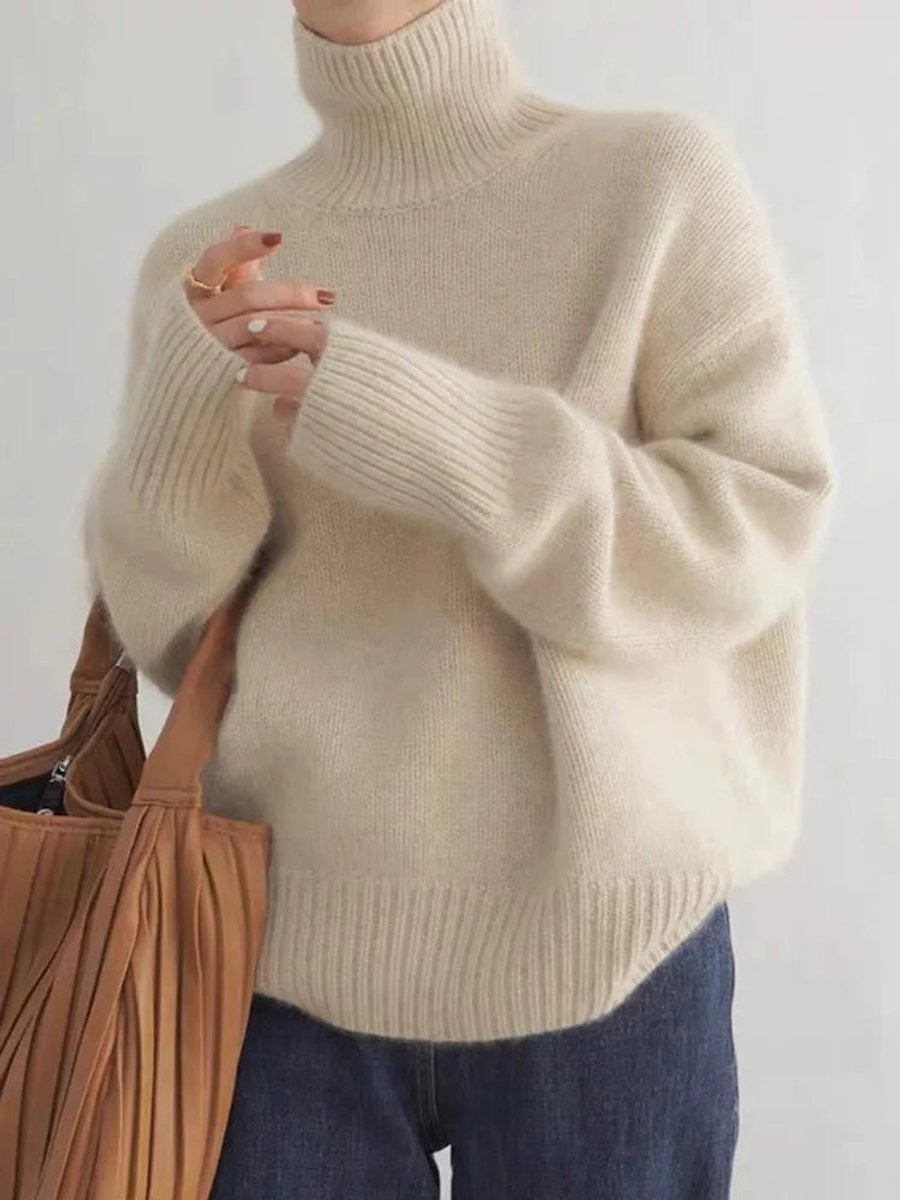 Pull oversize doux en maille et cachemire à col roulé, avec poignets côtelés, pour femme