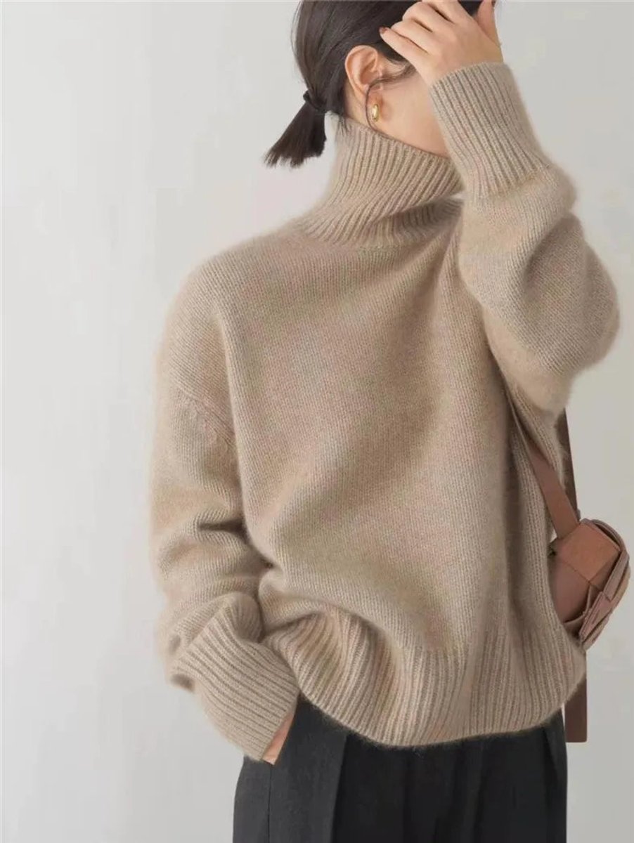Pull oversize doux en maille et cachemire à col roulé, avec poignets côtelés, pour femme