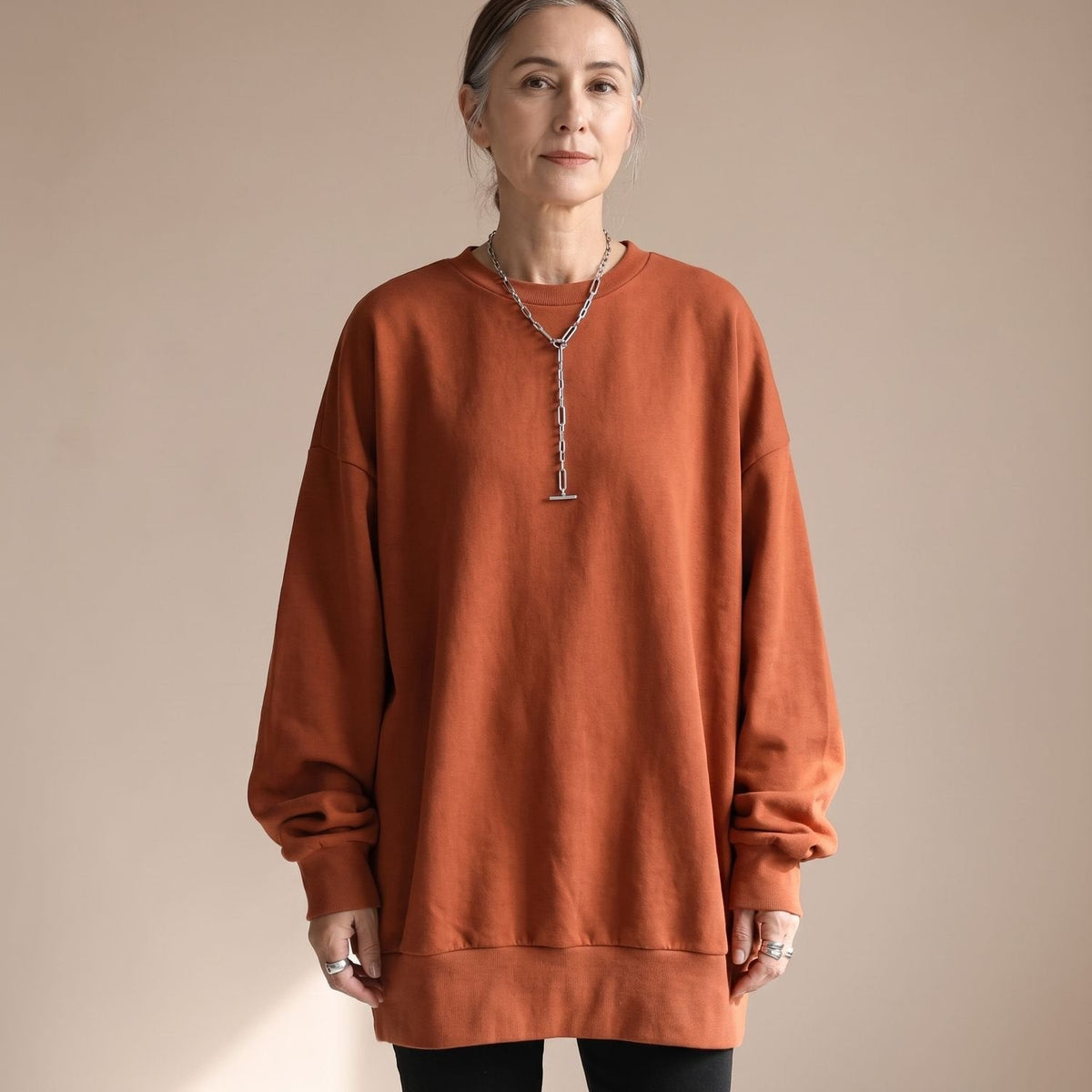Pull tunique oversize pour femme, à épaules tombantes et col rond