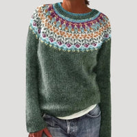 Women's Patterned Crew Neck Sweater with Colorful Yoke