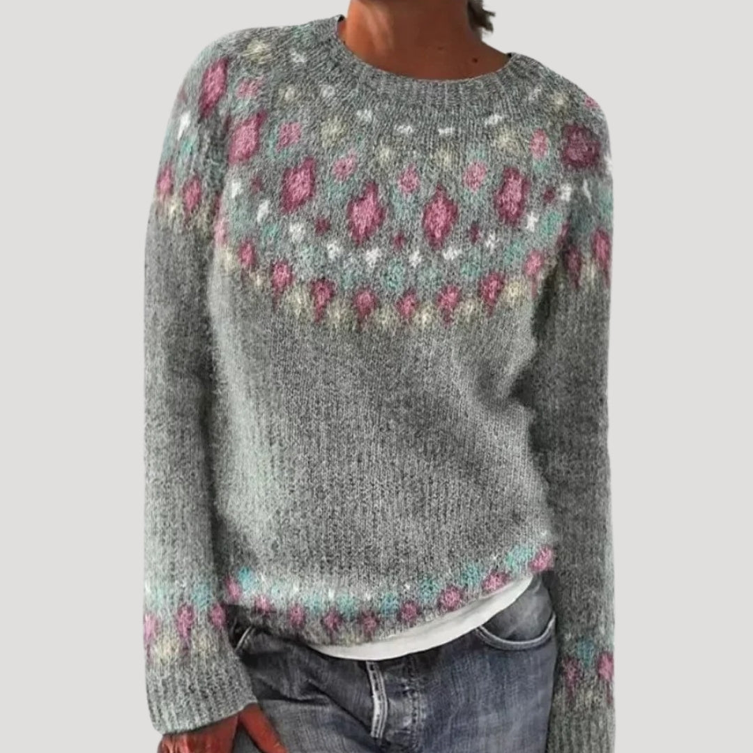 Women's Patterned Crew Neck Sweater with Colorful Yoke