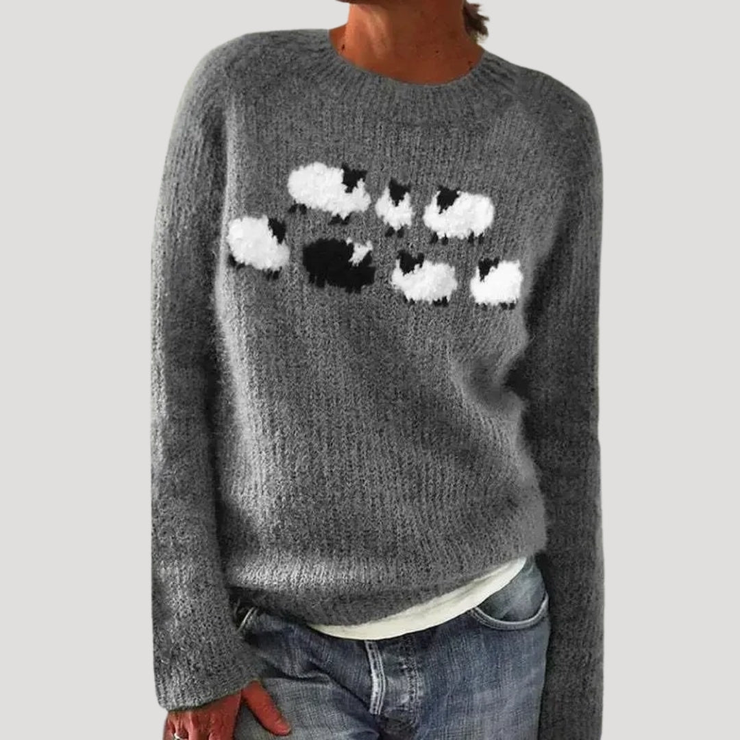 Women's Patterned Crew Neck Sweater with Colorful Yoke