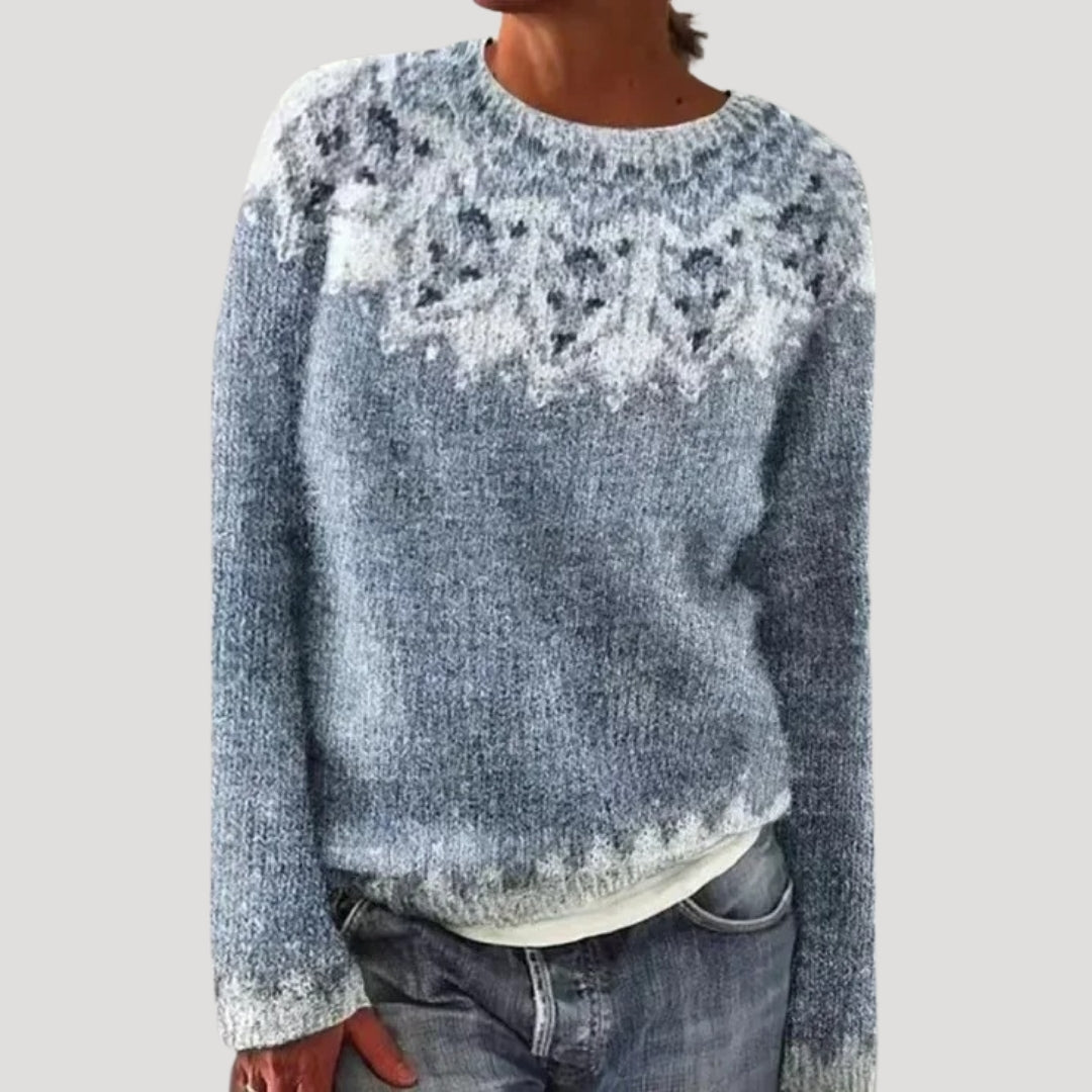 Women's Patterned Crew Neck Sweater with Colorful Yoke
