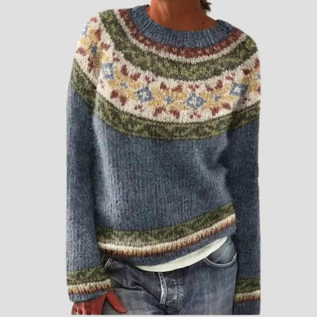 Women's Patterned Crew Neck Sweater with Colorful Yoke