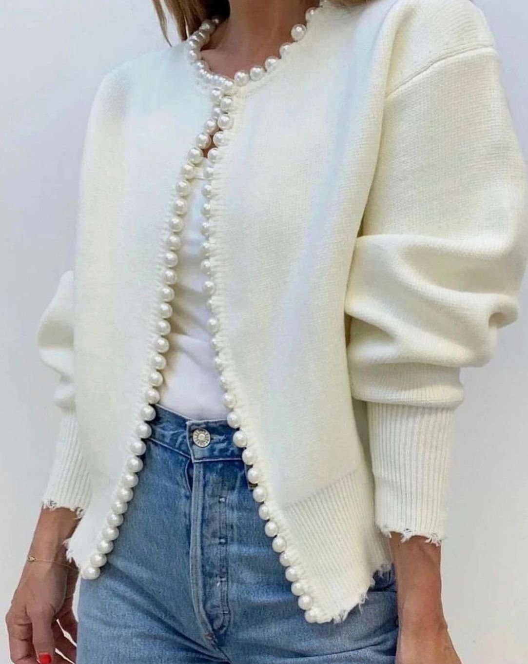 Women's Pearl-Trim Open-Front Knit Cardigan Sweater