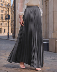 Women's Pleated Flowy Satin Maxi Skirt with Elastic Waistband