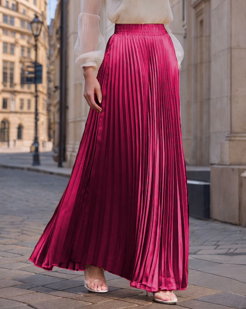 Women's Pleated Flowy Satin Maxi Skirt with Elastic Waistband