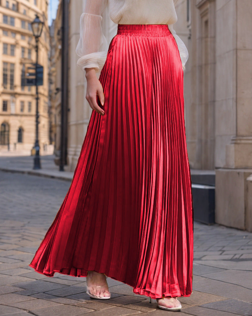 Women's Pleated Flowy Satin Maxi Skirt with Elastic Waistband