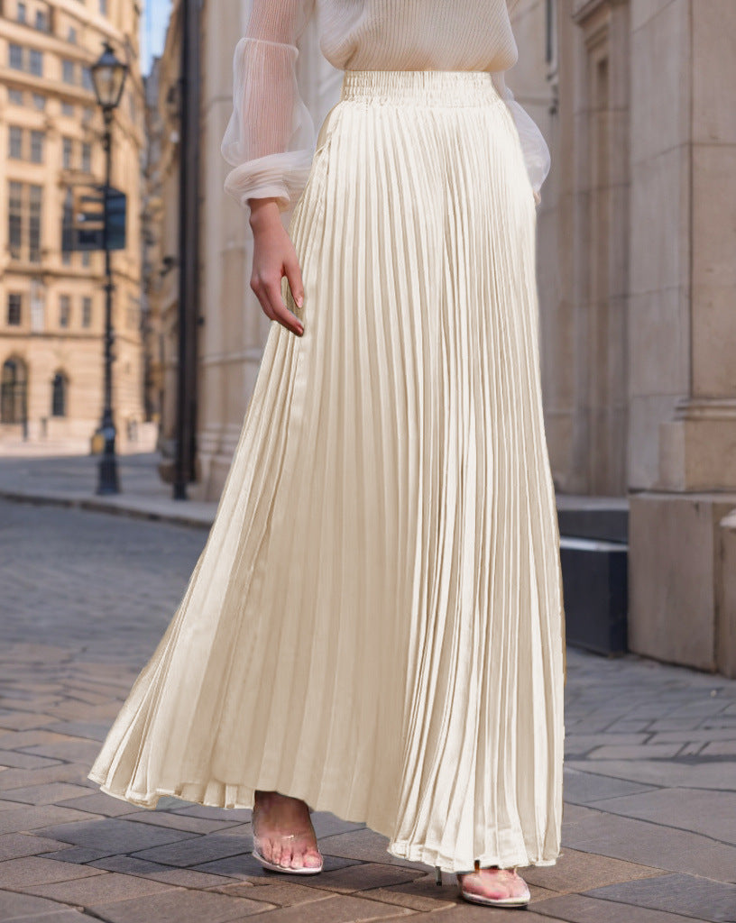 Women's Pleated Flowy Satin Maxi Skirt with Elastic Waistband