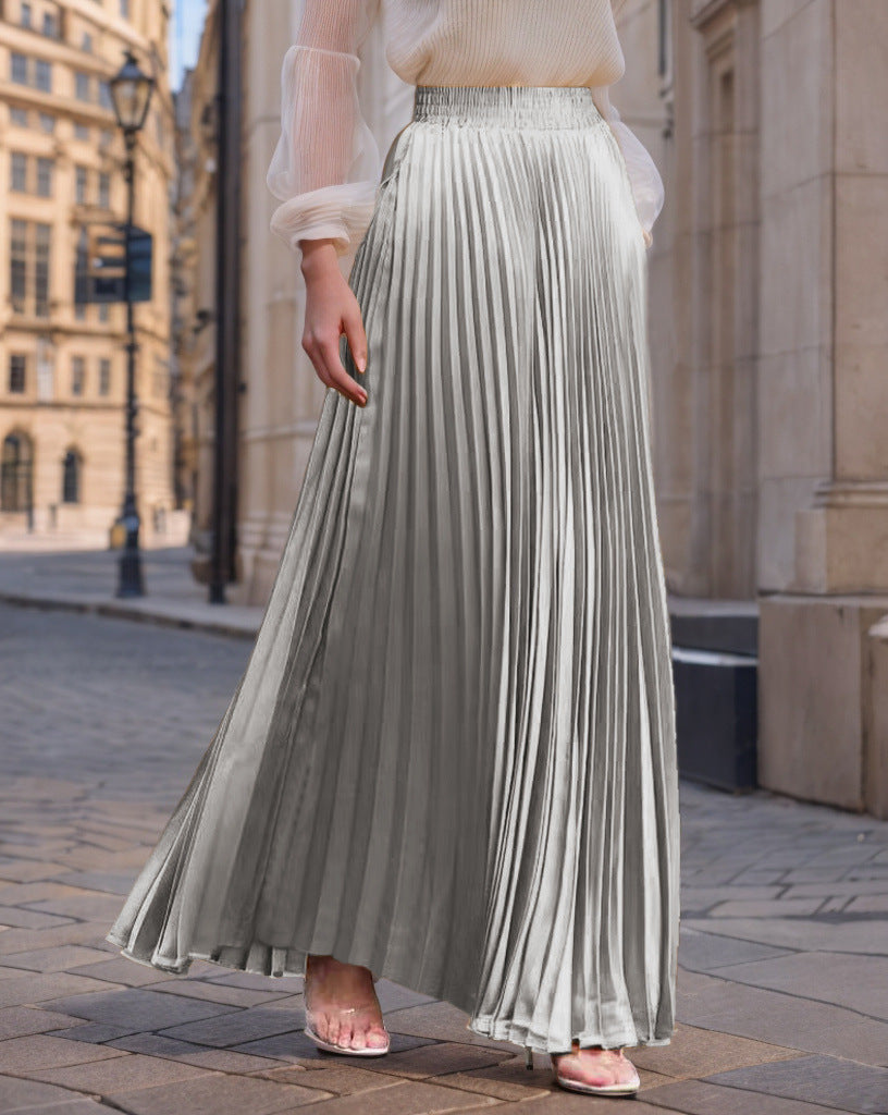 Women's Pleated Flowy Satin Maxi Skirt with Elastic Waistband