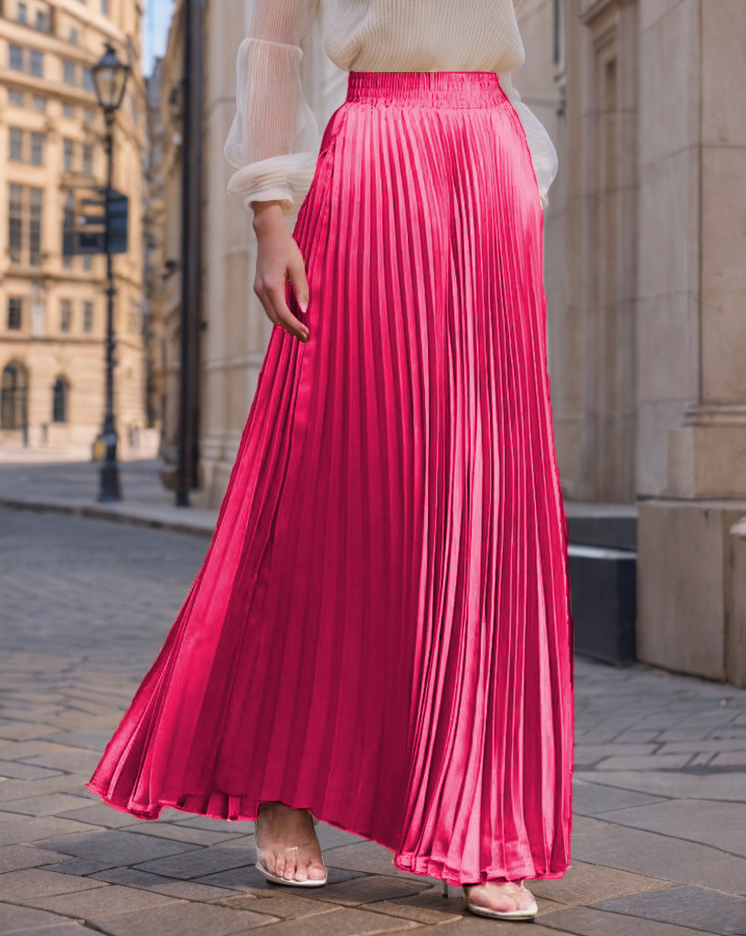Women's Pleated Flowy Satin Maxi Skirt with Elastic Waistband