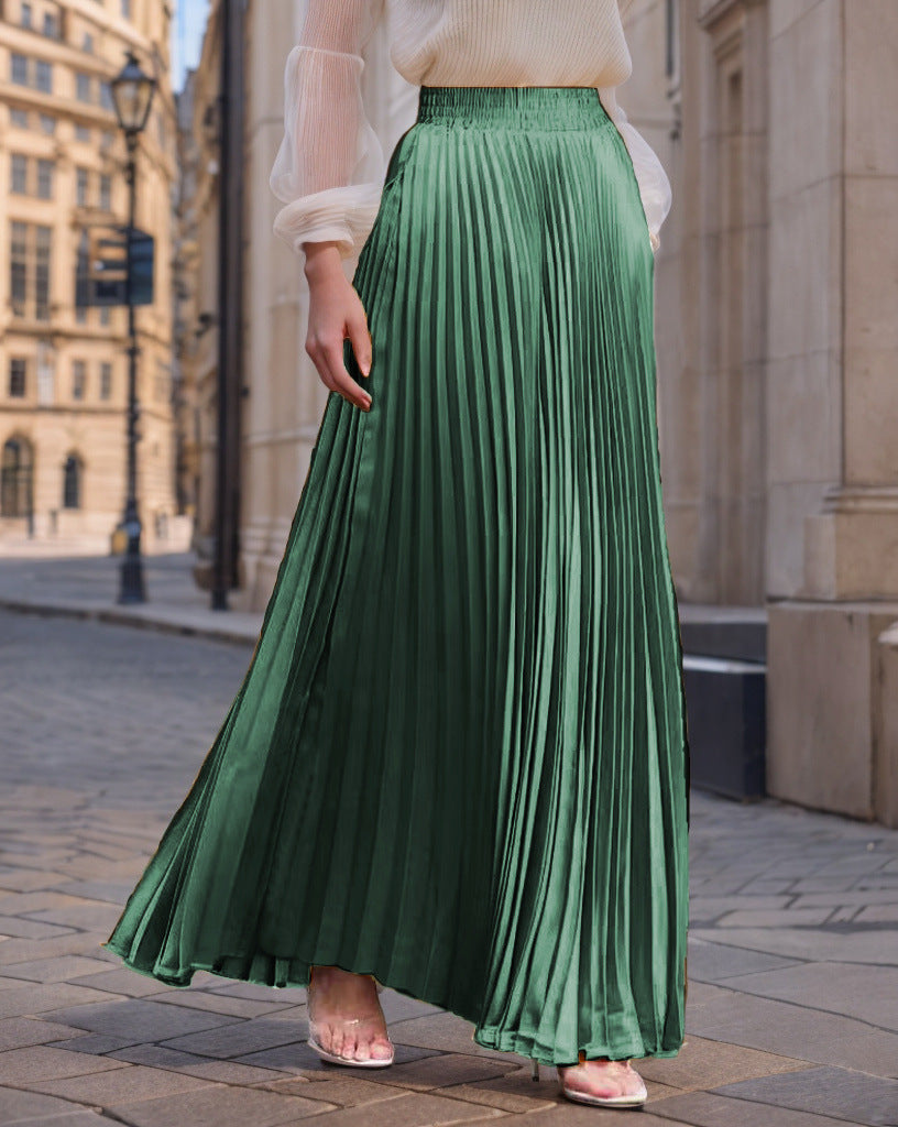 Women's Pleated Flowy Satin Maxi Skirt with Elastic Waistband