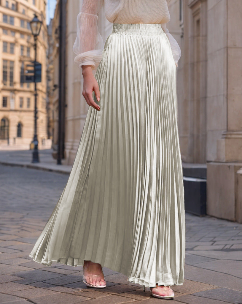 Women's Pleated Flowy Satin Maxi Skirt with Elastic Waistband