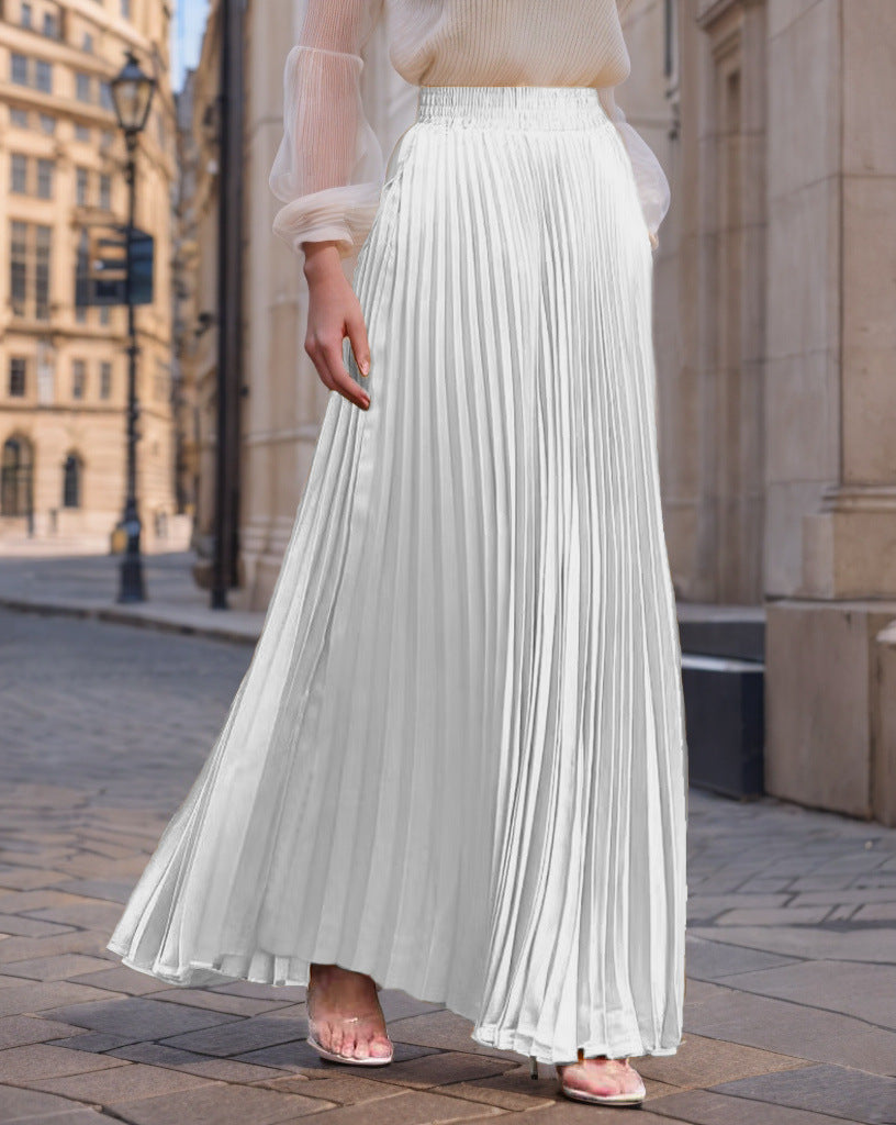 Women's Pleated Flowy Satin Maxi Skirt with Elastic Waistband