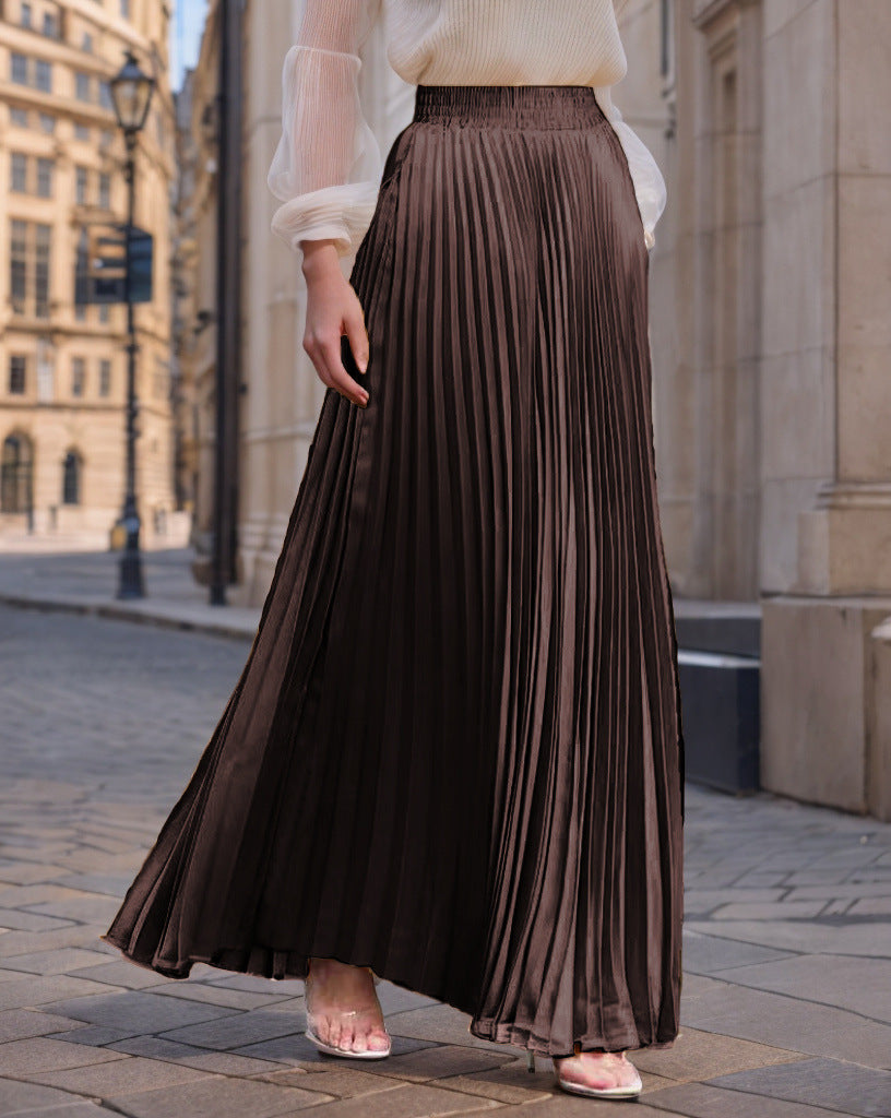 Women's Pleated Flowy Satin Maxi Skirt with Elastic Waistband