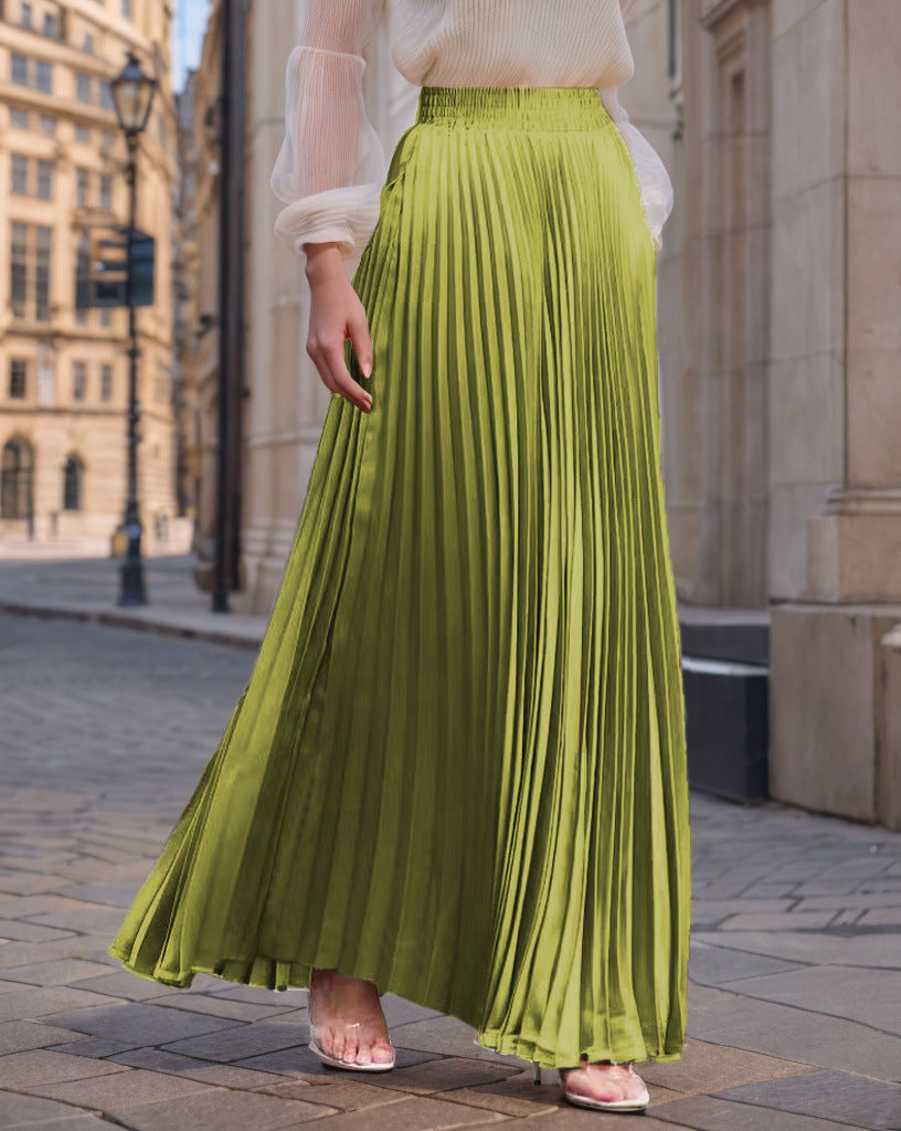 Women's Pleated Flowy Satin Maxi Skirt with Elastic Waistband