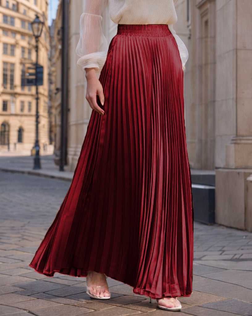 Women's Pleated Flowy Satin Maxi Skirt with Elastic Waistband