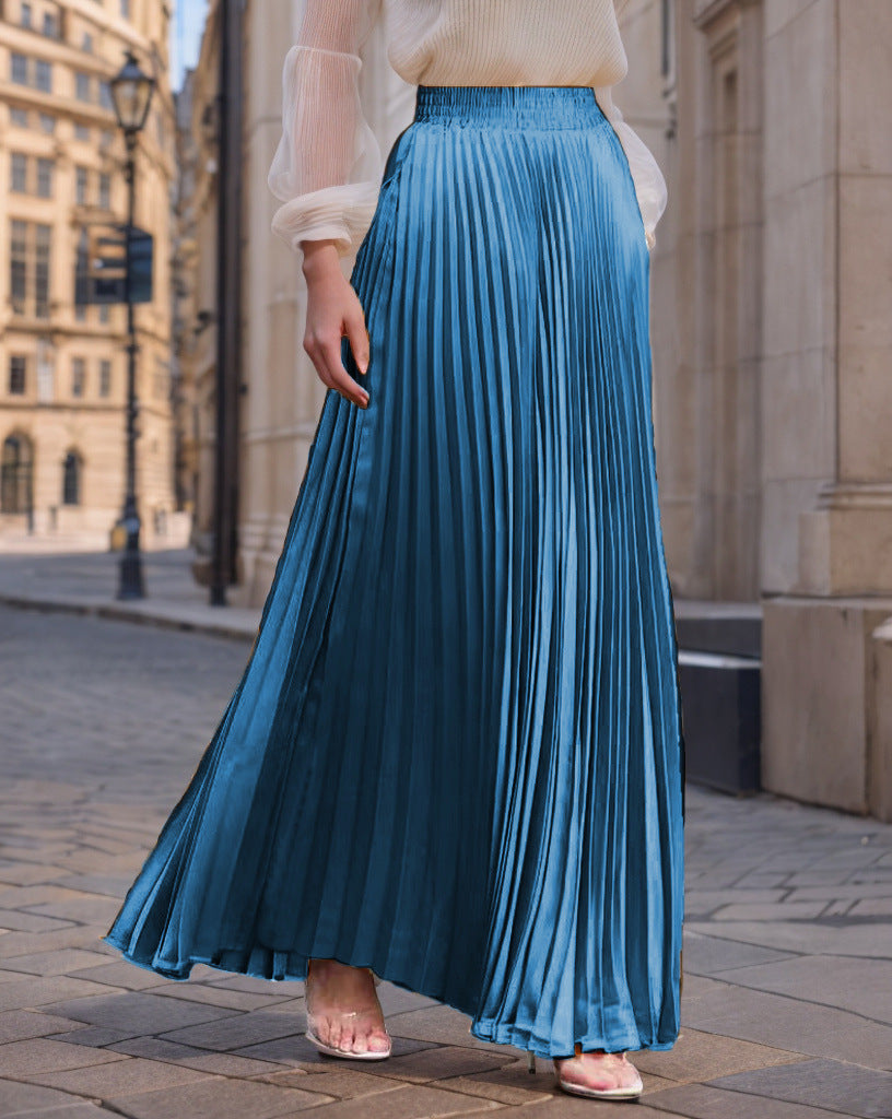 Women's Pleated Flowy Satin Maxi Skirt with Elastic Waistband