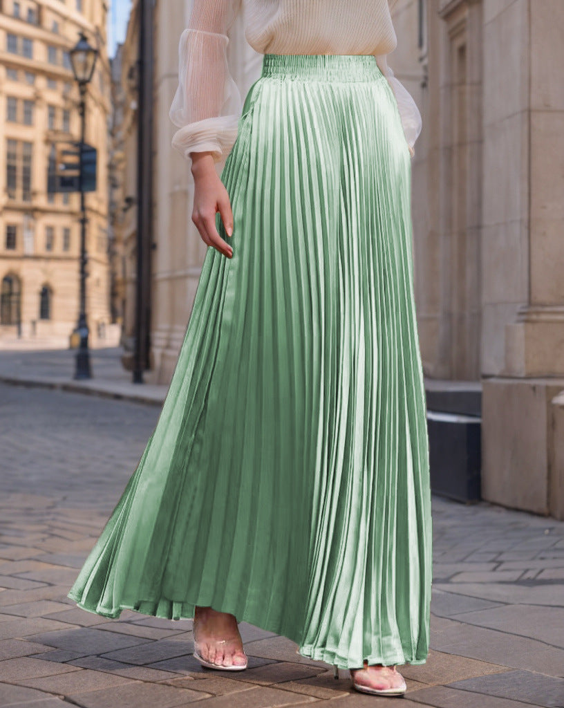 Women's Pleated Flowy Satin Maxi Skirt with Elastic Waistband