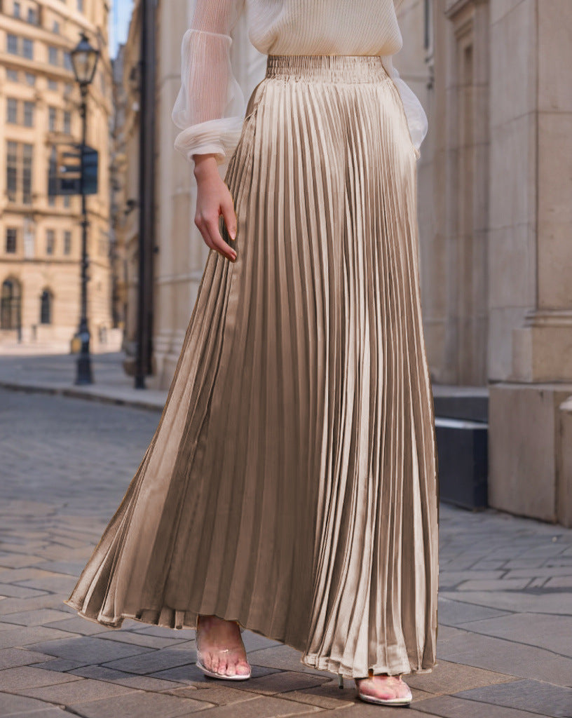 Women's Pleated Flowy Satin Maxi Skirt with Elastic Waistband