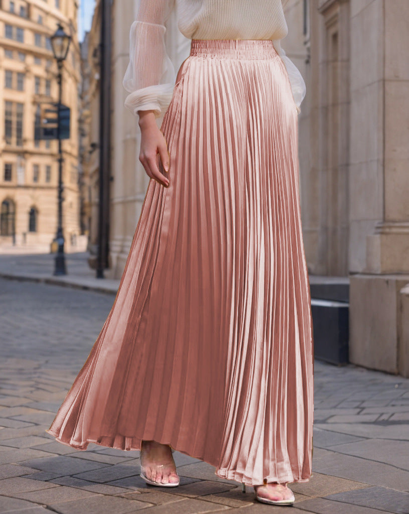 Women's Pleated Flowy Satin Maxi Skirt with Elastic Waistband