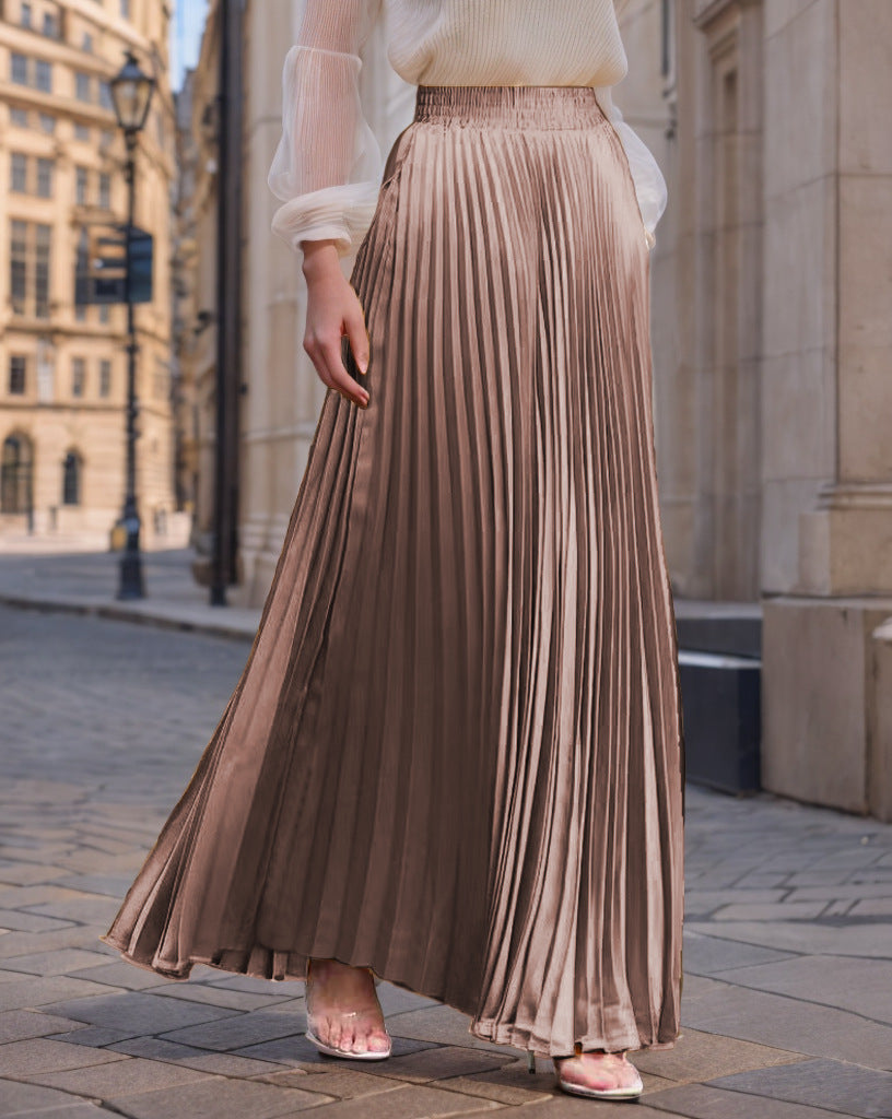 Women's Pleated Flowy Satin Maxi Skirt with Elastic Waistband