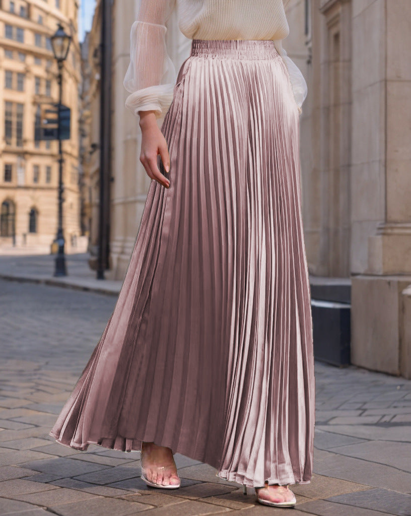 Women's Pleated Flowy Satin Maxi Skirt with Elastic Waistband