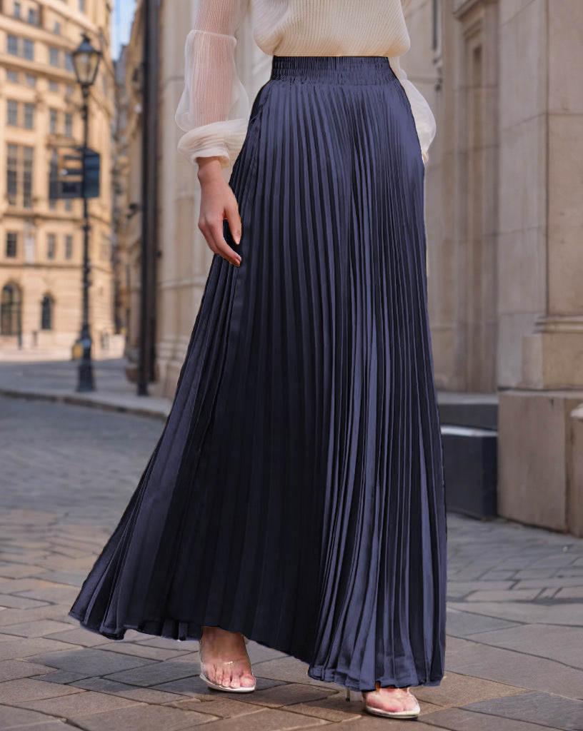 Women's Pleated Flowy Satin Maxi Skirt with Elastic Waistband
