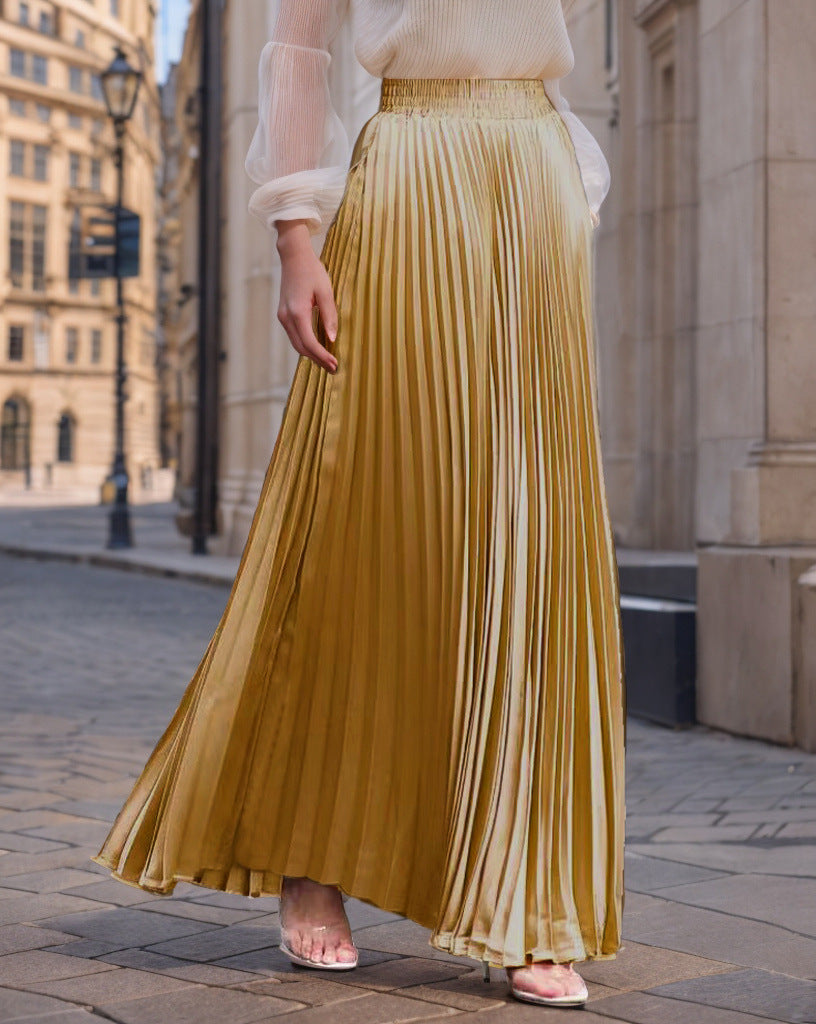 Women's Pleated Flowy Satin Maxi Skirt with Elastic Waistband
