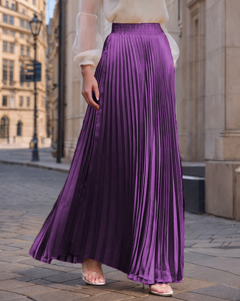 Women's Pleated Flowy Satin Maxi Skirt with Elastic Waistband