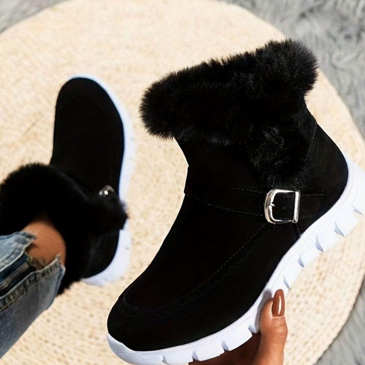 Bottes de neige montantes pour femmes à boucle et bordure pelucheuse