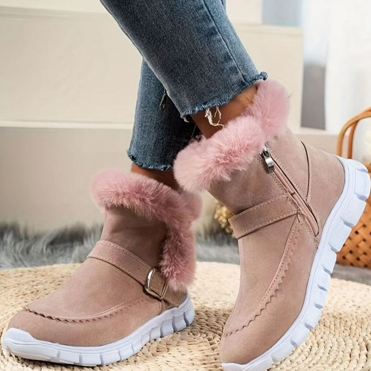 Bottes de neige montantes pour femmes à boucle et bordure pelucheuse