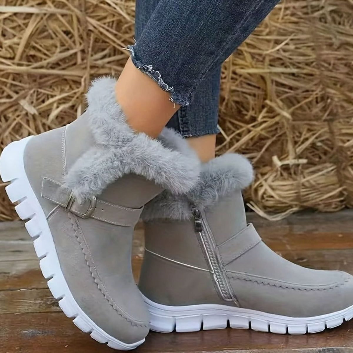 Bottes de neige montantes pour femmes à boucle et bordure pelucheuse