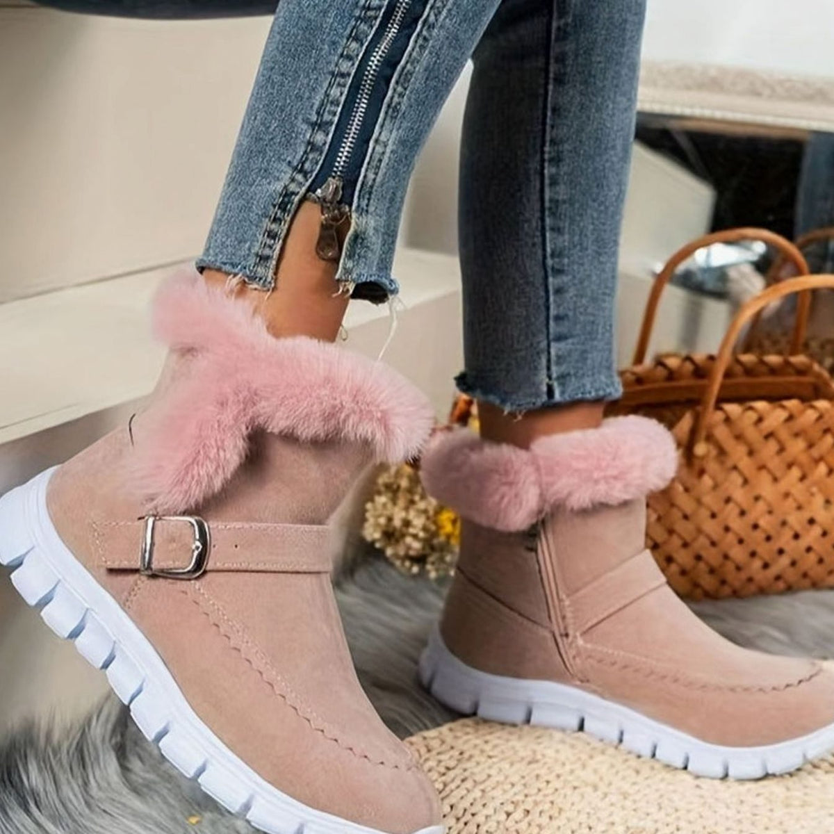 Bottes de neige montantes pour femmes à boucle et bordure pelucheuse