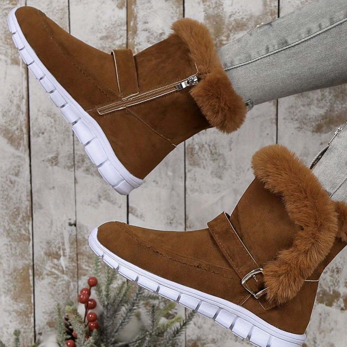 Bottes de neige montantes pour femmes à boucle et bordure pelucheuse