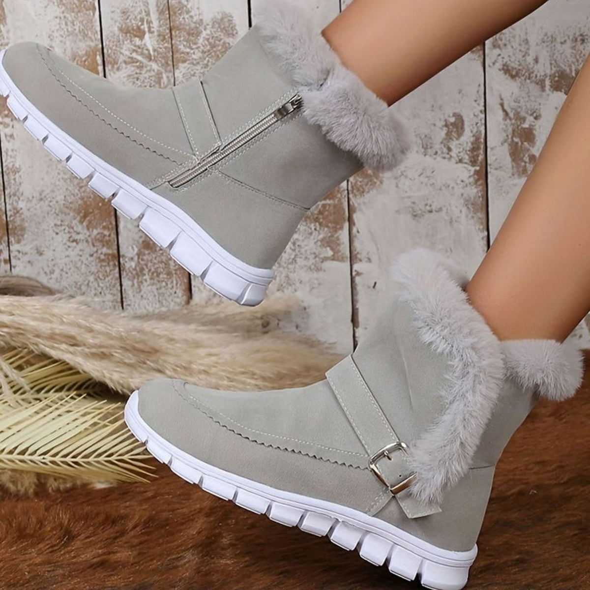 Bottes de neige montantes pour femmes à boucle et bordure pelucheuse