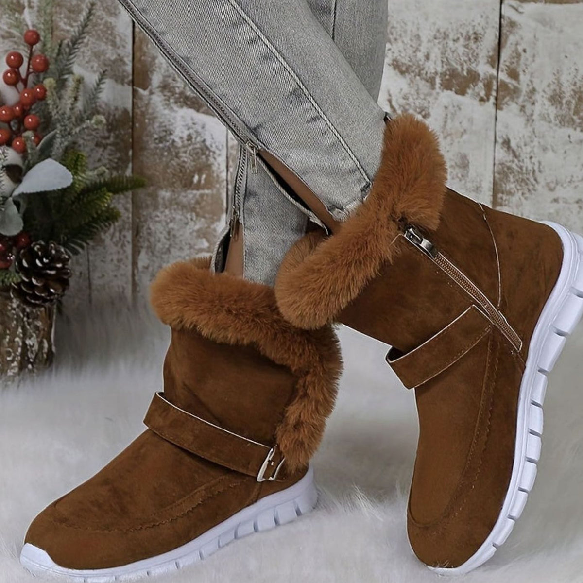 Bottes de neige montantes pour femmes à boucle et bordure pelucheuse