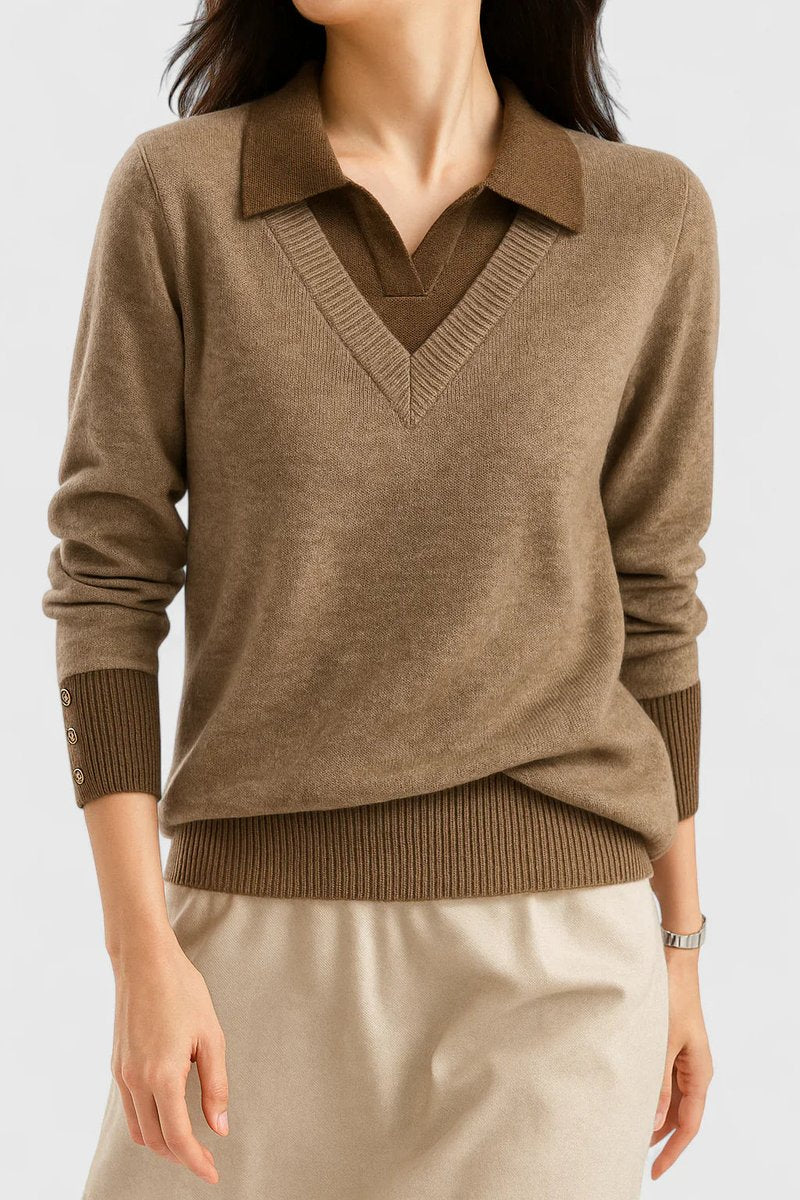 Women's Polo Collar V-Neck Knit Pullover Sweater with Button Cuffs