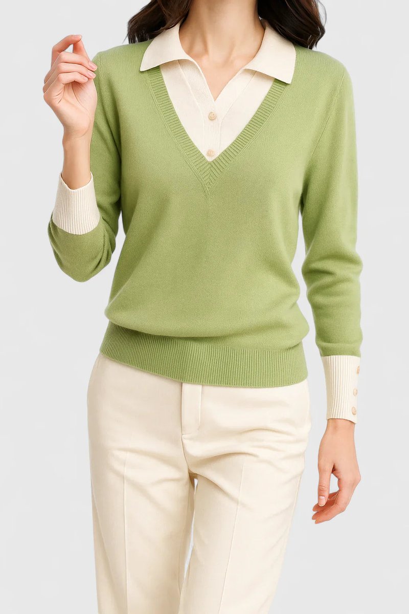 Women's Polo Collar V-Neck Knit Pullover Sweater with Button Cuffs
