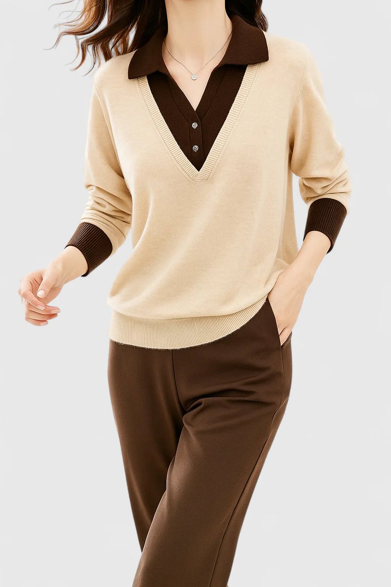 Women's Polo Collar V-Neck Knit Pullover Sweater with Button Cuffs