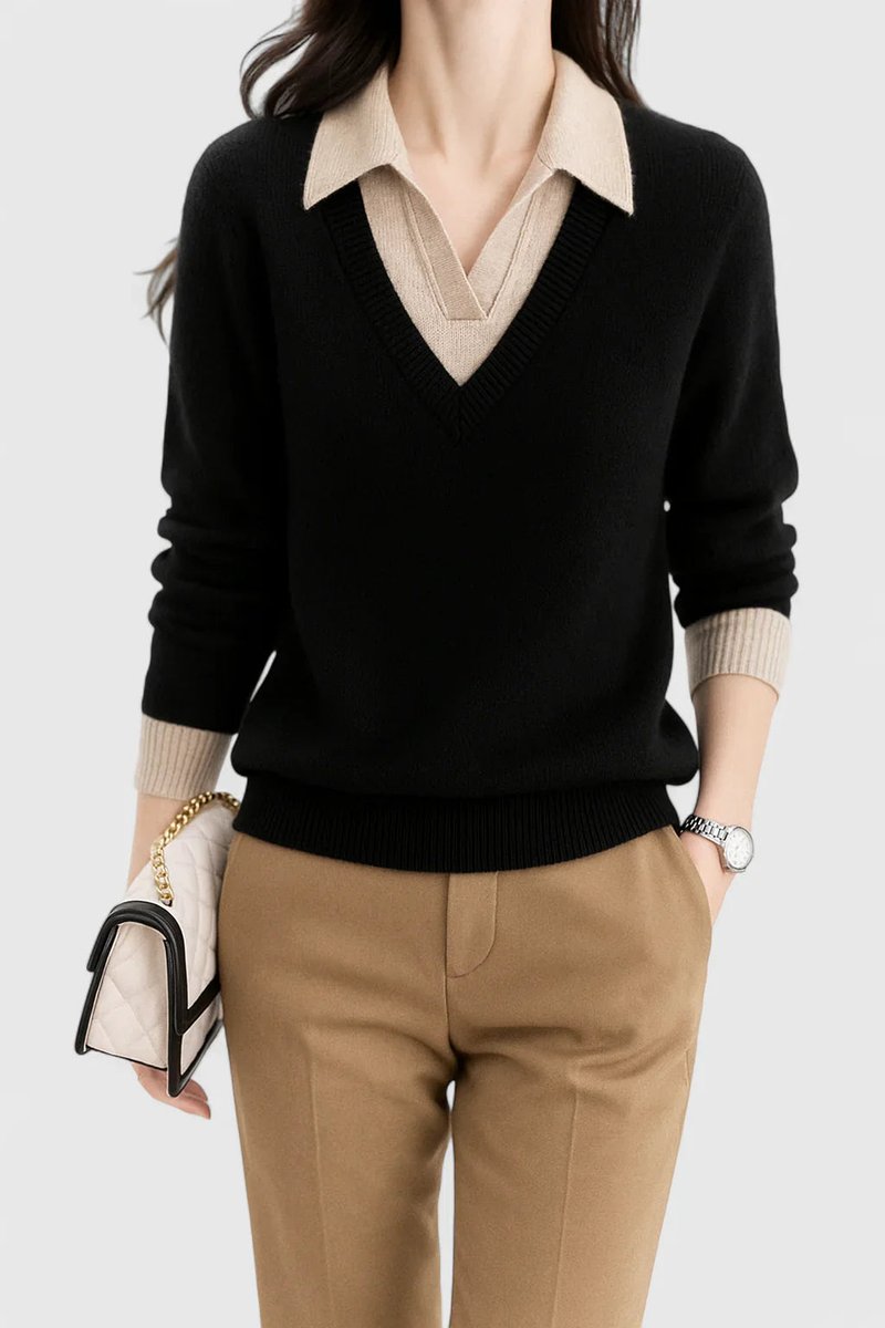 Women's Polo Collar V-Neck Knit Pullover Sweater with Button Cuffs